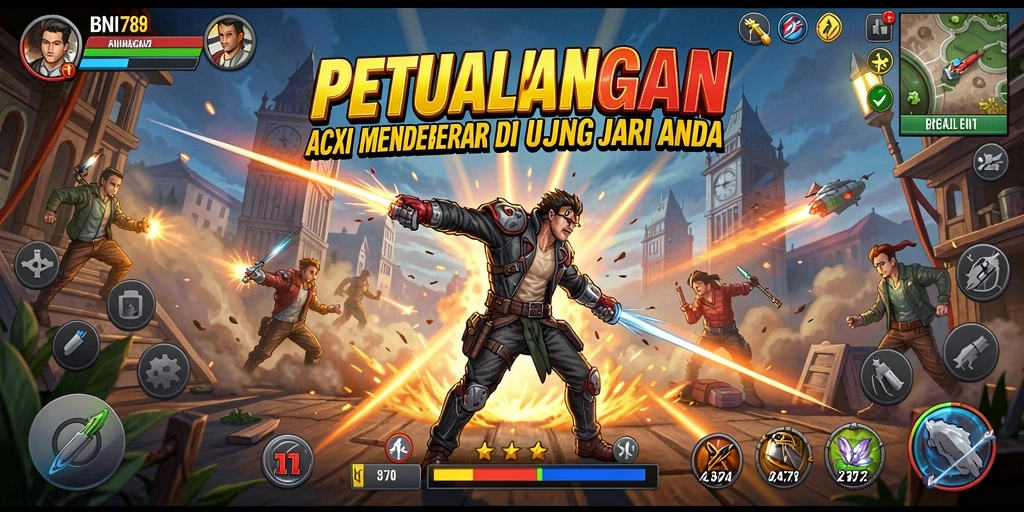 Tangkapan layar utama BNI789 yang menunjukkan aksi mendebarkan dan karakter bertarung.